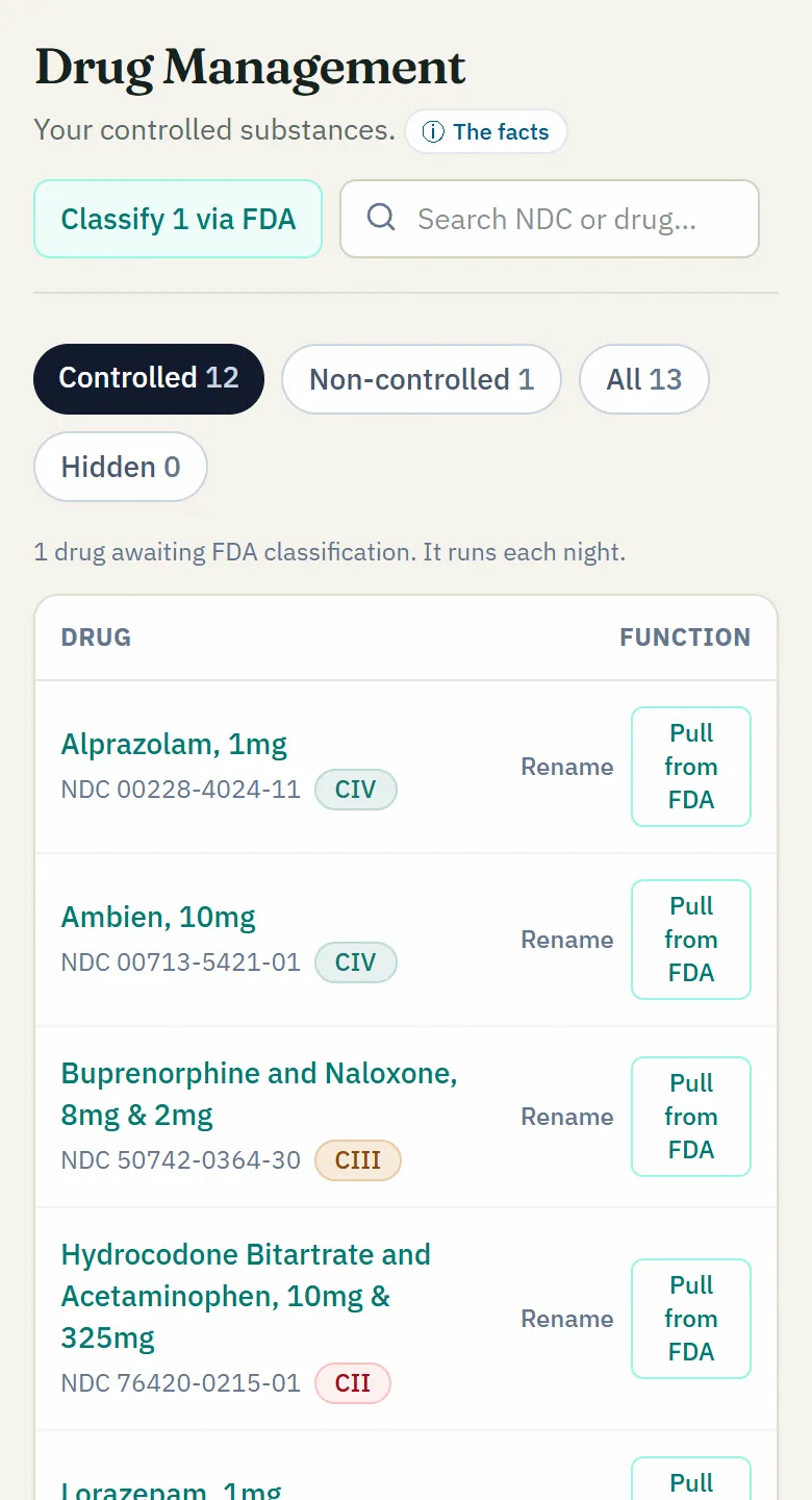NarcCount's Drug Management screen for a Florida pharmacy: every controlled substance by NDC with its DEA schedule, from CII to CV, and how often it appears in counts, purchases, dispensing and destructions.