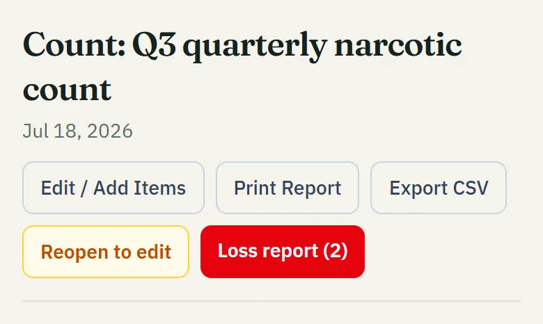 The buttons at the top of a finalized count in NarcCount: Edit / Add Items, Print Report, Export CSV, Reopen to edit and Loss report.