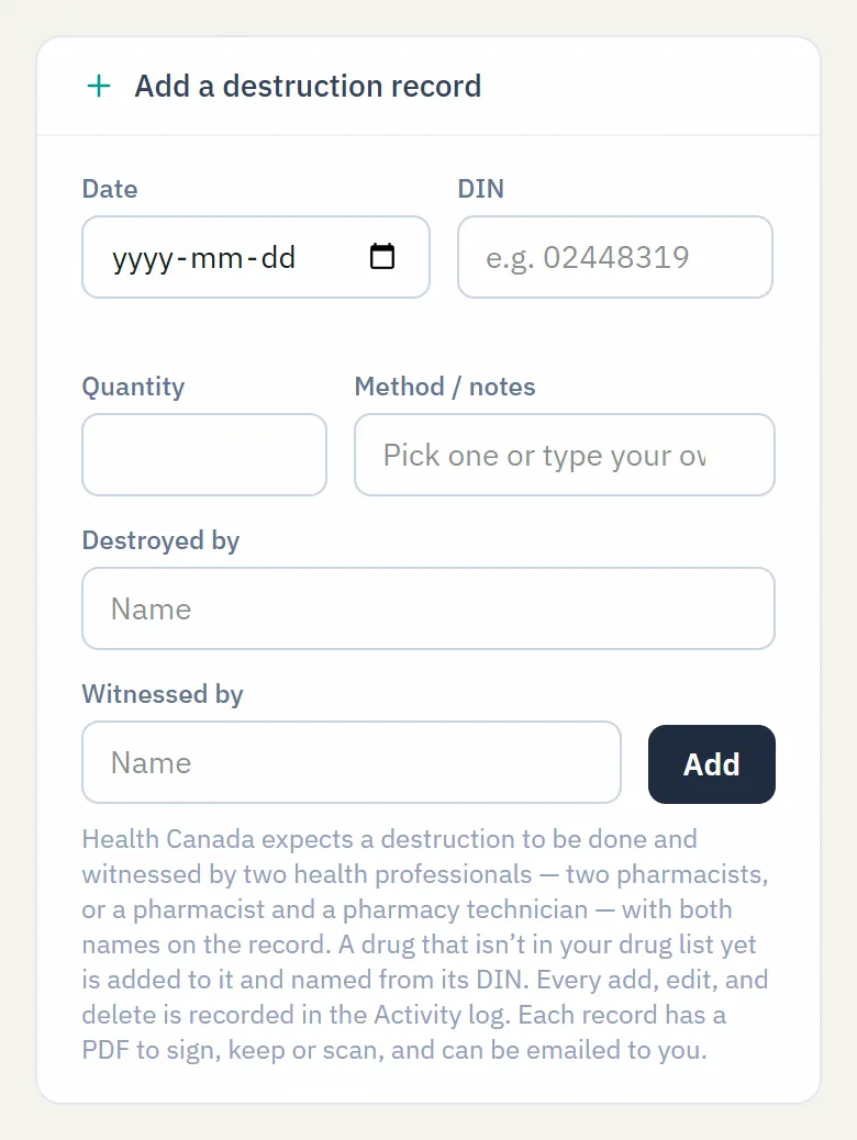 The “Add a destruction record” form in NarcCount, opened on the Destruction Records screen.