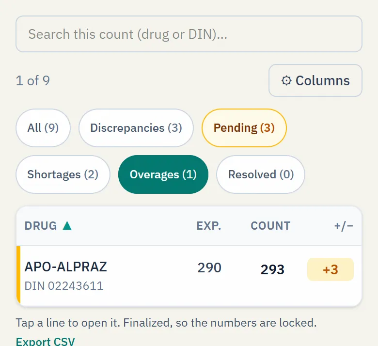 A NarcCount reconciliation filtered to overages: a drug counted at more than expected.