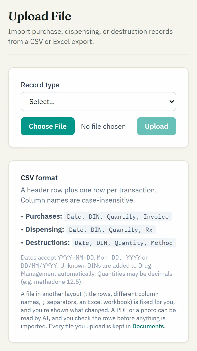 NarcCount's Upload File screen: pick the record type, choose the file, upload; with the CSV columns each record type needs.